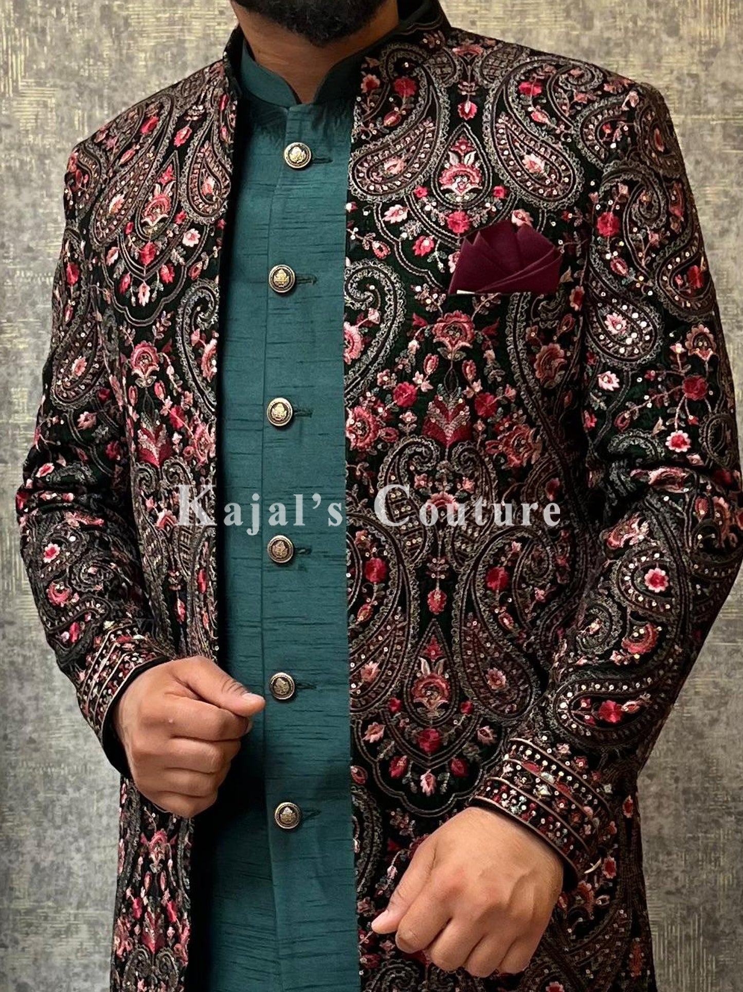 Velvet Embroidered Nawabi Jacket Set