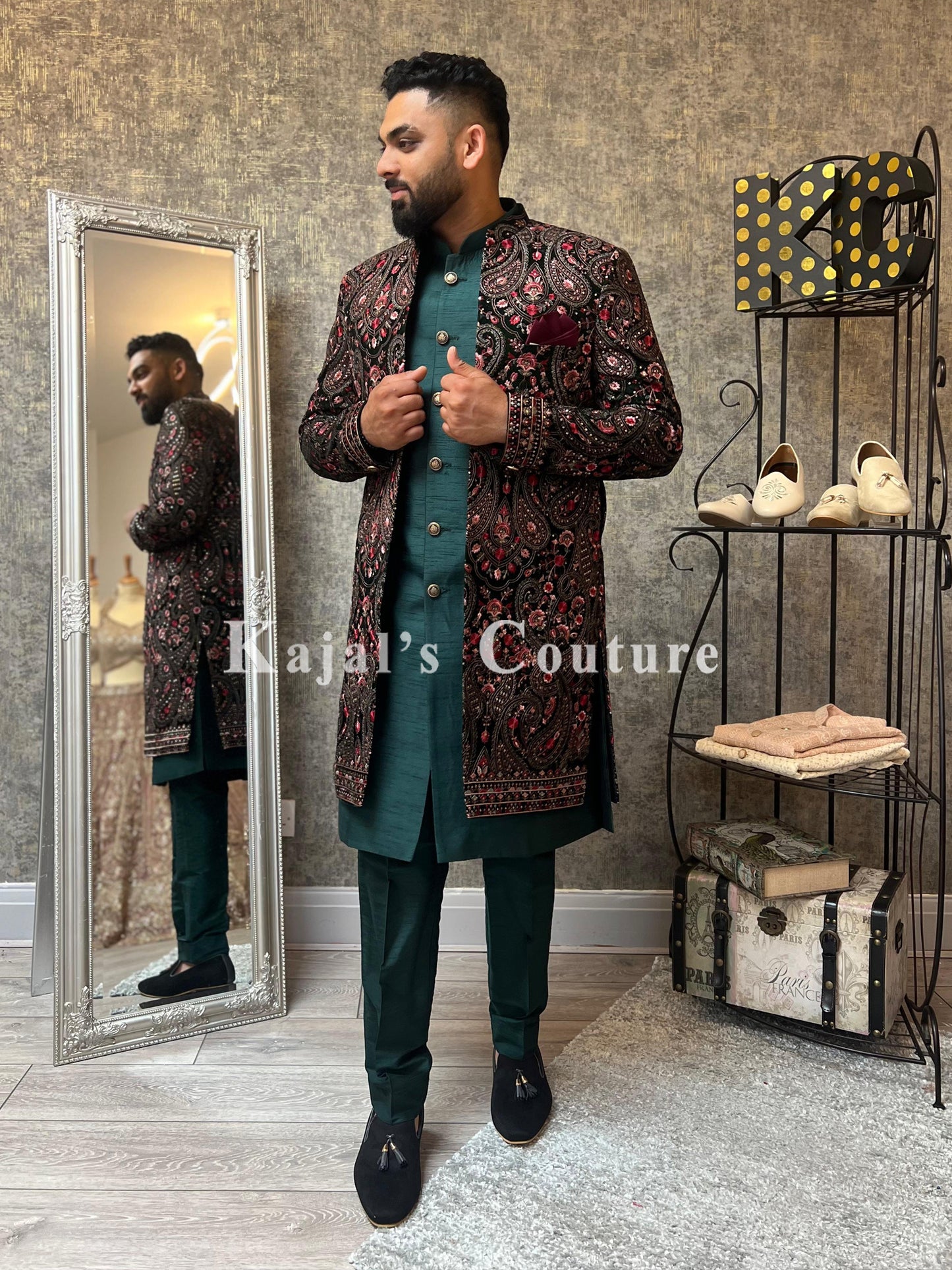 Velvet Embroidered Nawabi Jacket Set