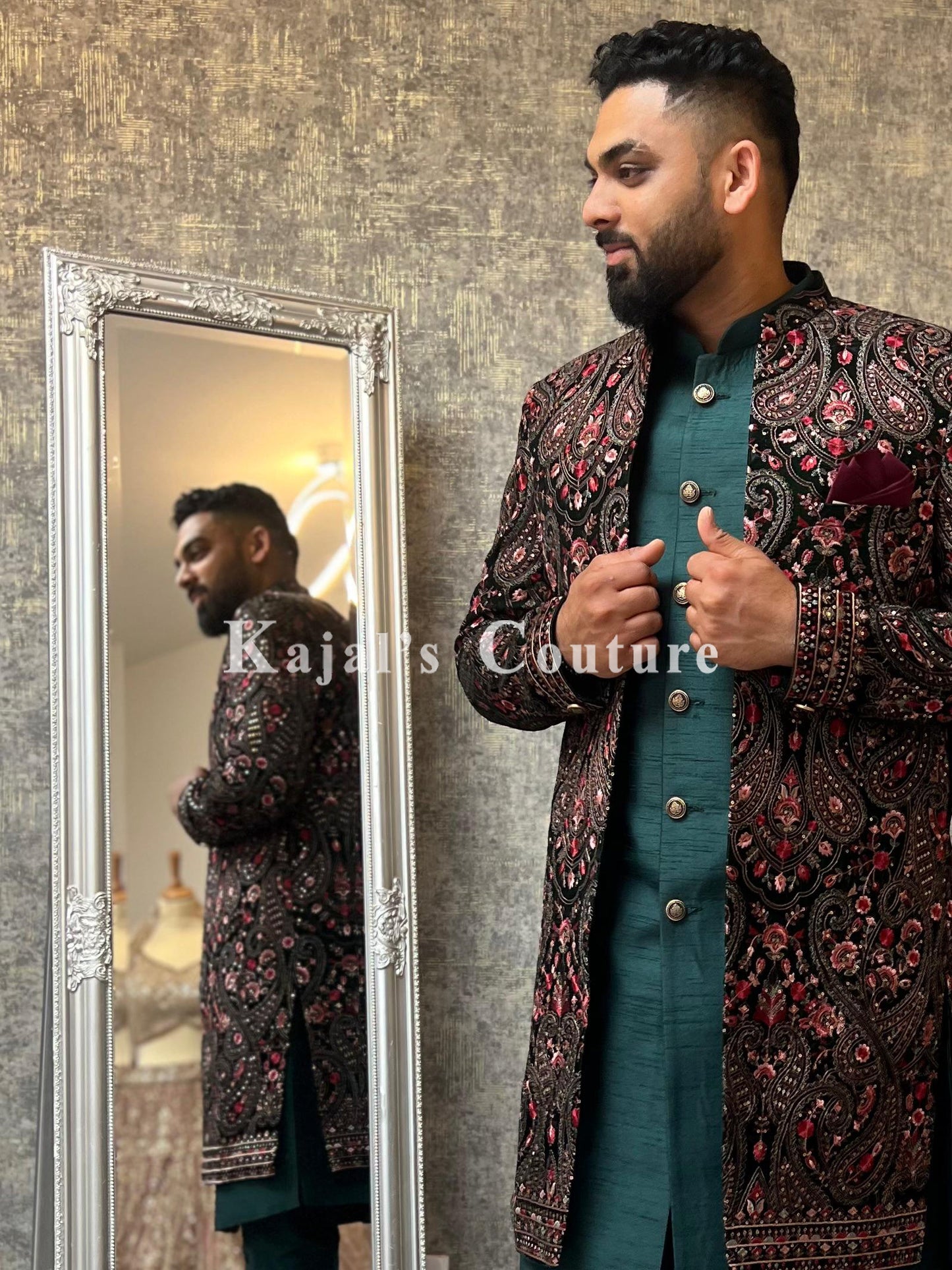 Velvet Embroidered Nawabi Jacket Set