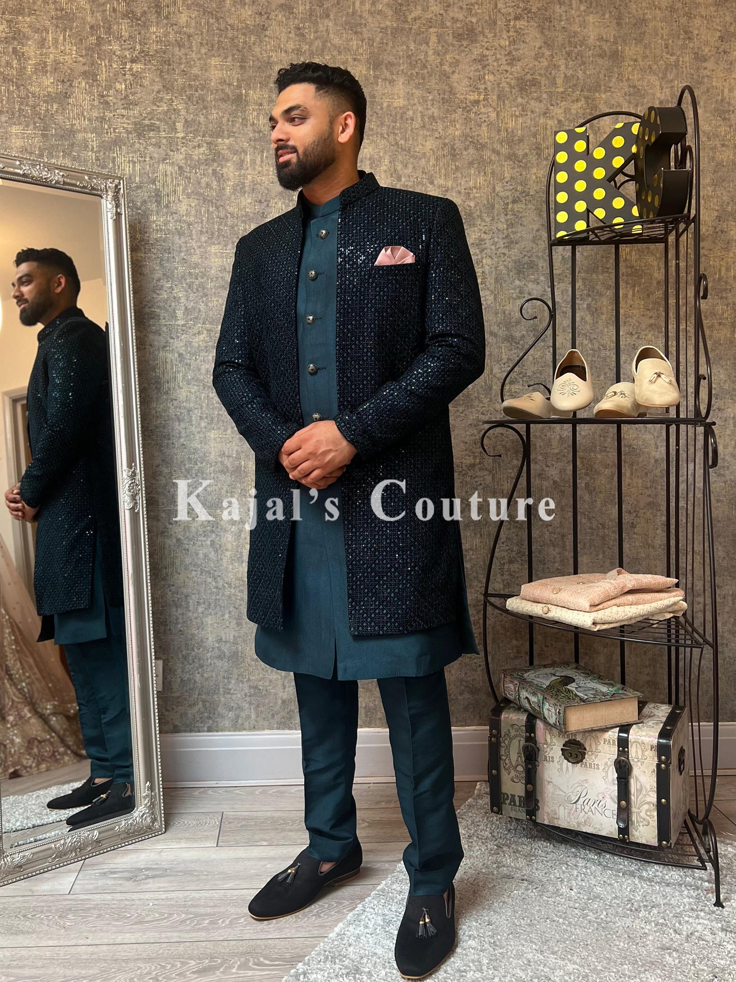 Dark Green Velvet Nawabi Jacket Set