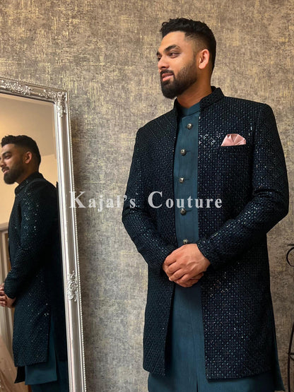 Dark Green Velvet Nawabi Jacket Set