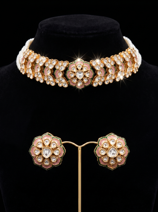 Floral Meenakari Choker and Stud Set