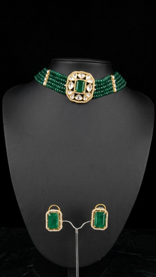 Emerald Beaded Choker and Stud Set