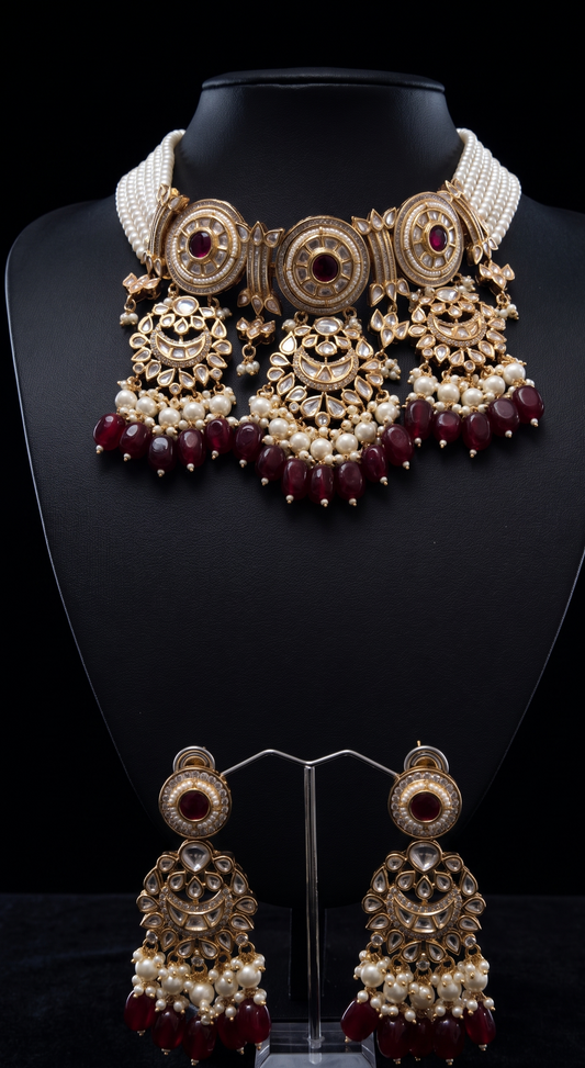 Elaborate Ruby, Pearl, and Polki Choker Set