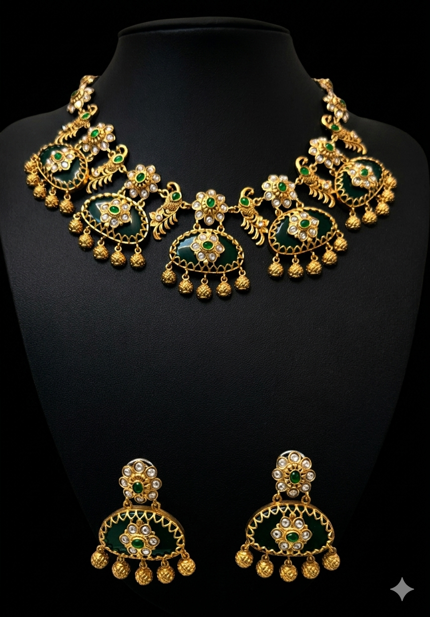 Ornate Green Stone and Gold Jewelry Set