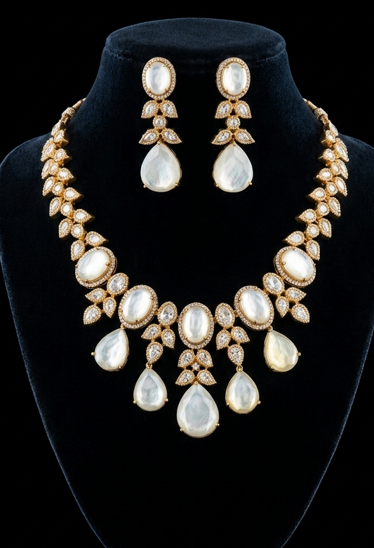 Elegant Mother-of-Pearl and Stone-Studded Jewelry Set
