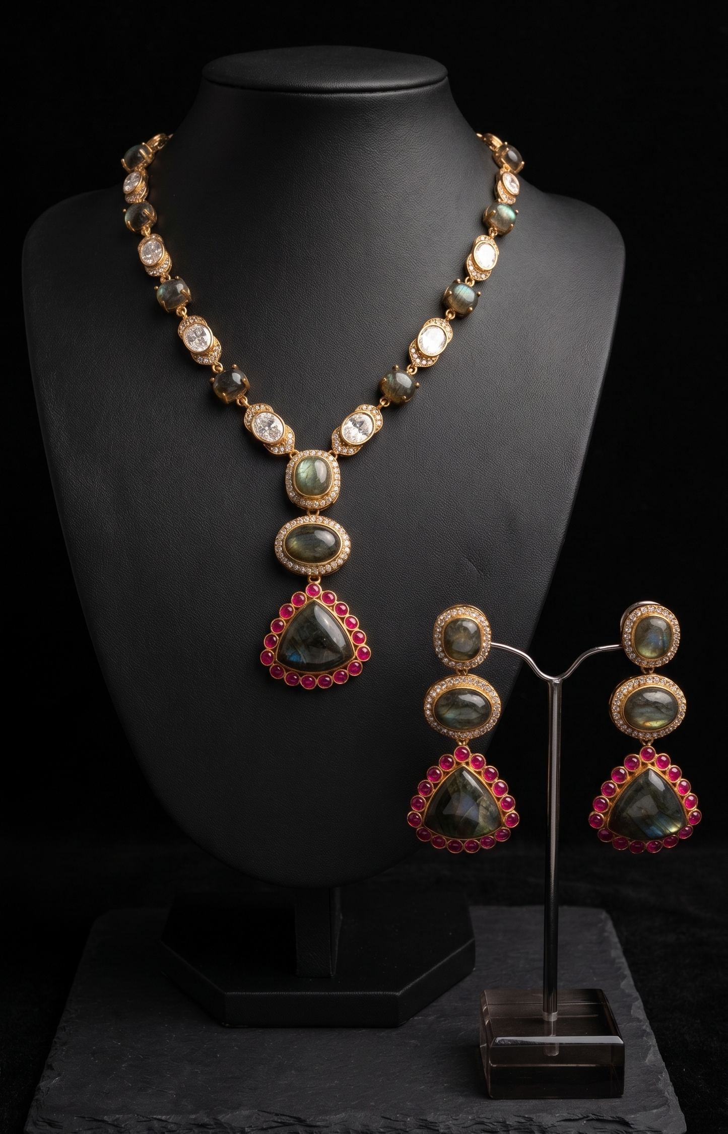 Ornate Labradorite and Ruby Jewelry Set
