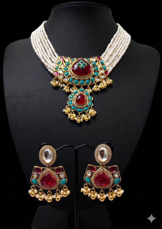 Heritage Ruby, Turquoise, and Pearl Statement Jewellery Set