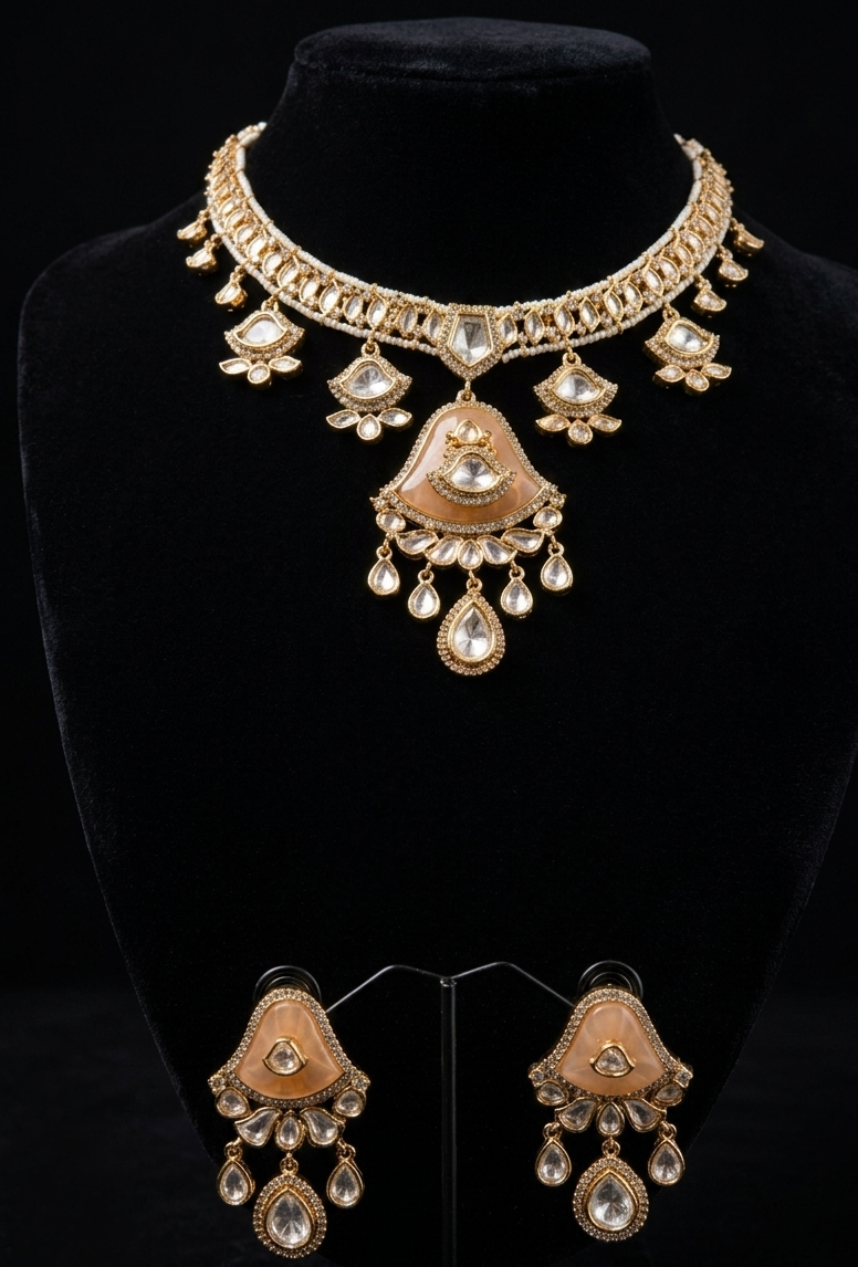 Elegant Peach-Hued Polki Jewelry Set