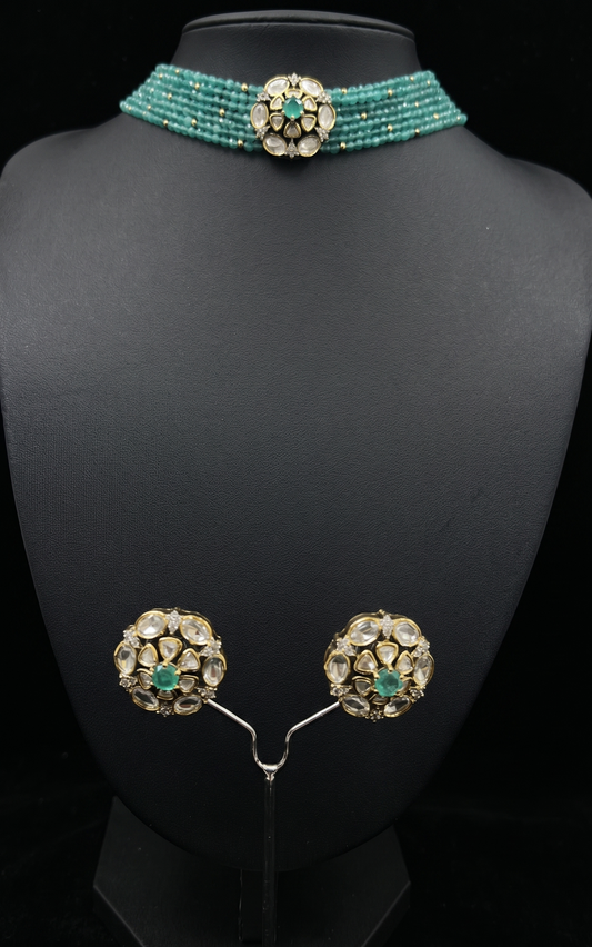 Green Bead and Floral Jewelry Set