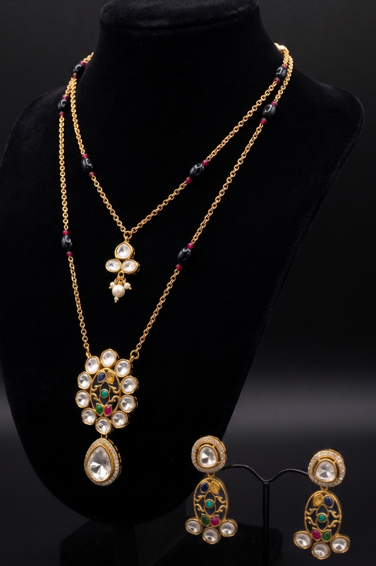Layered Polki and Multicolored Gemstone Jewelry Set