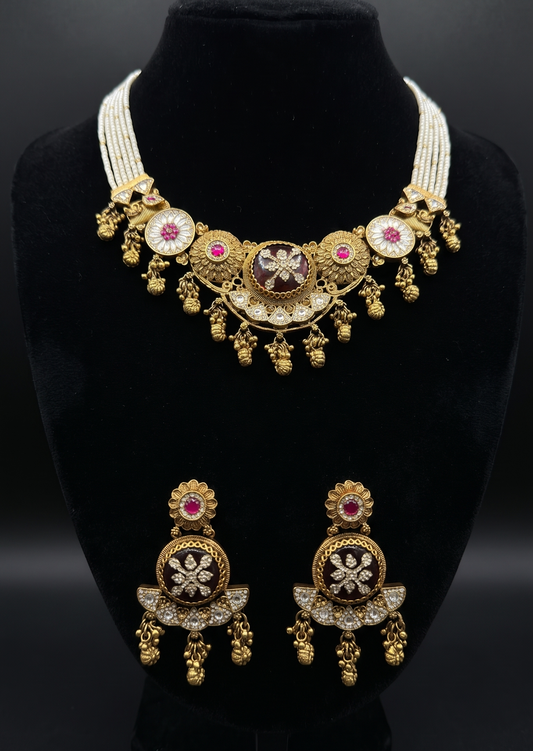 Ornate Enamel and Pearl Statement Jewelry Set