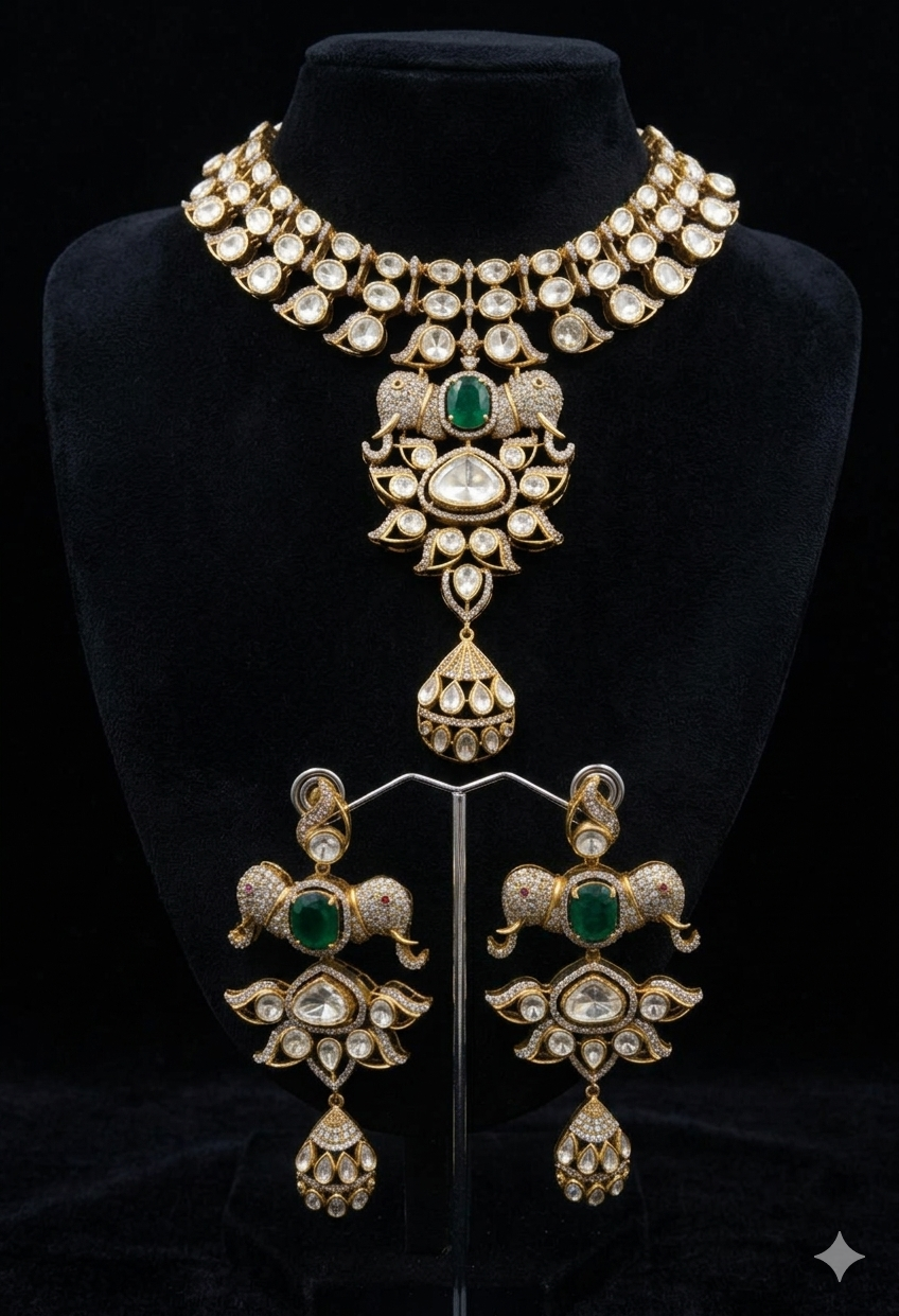 Ornate Elephant-Motif Polki and Emerald Heritage Set Description