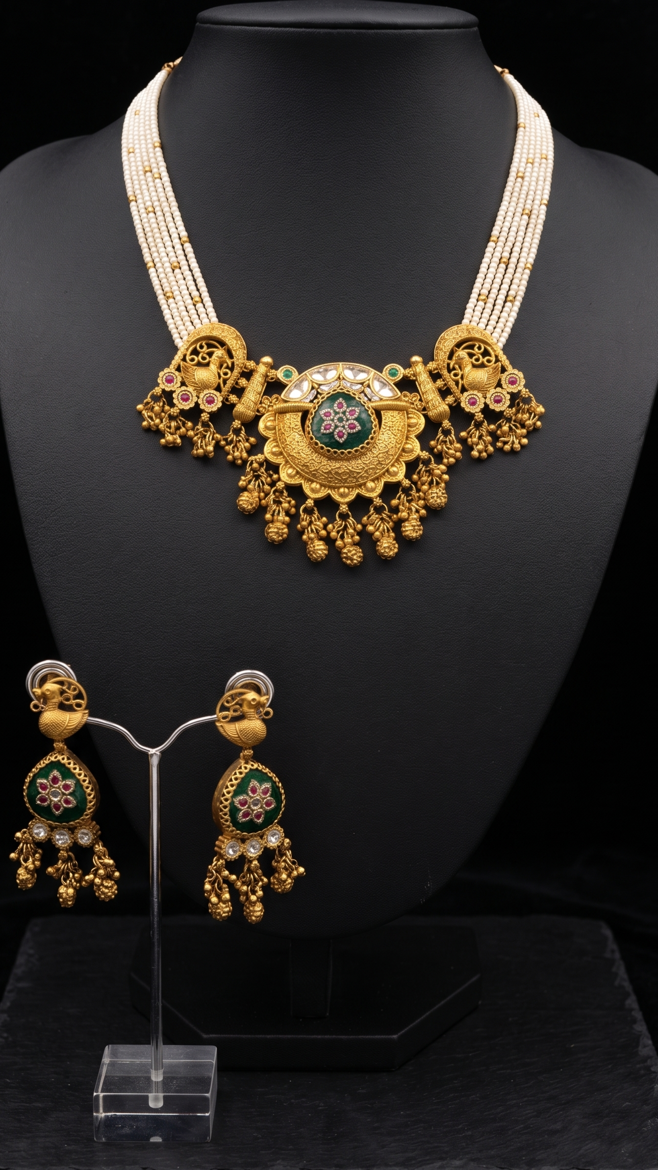 Traditional Peacock-Inspired Pearl and Gold Jewelry Set