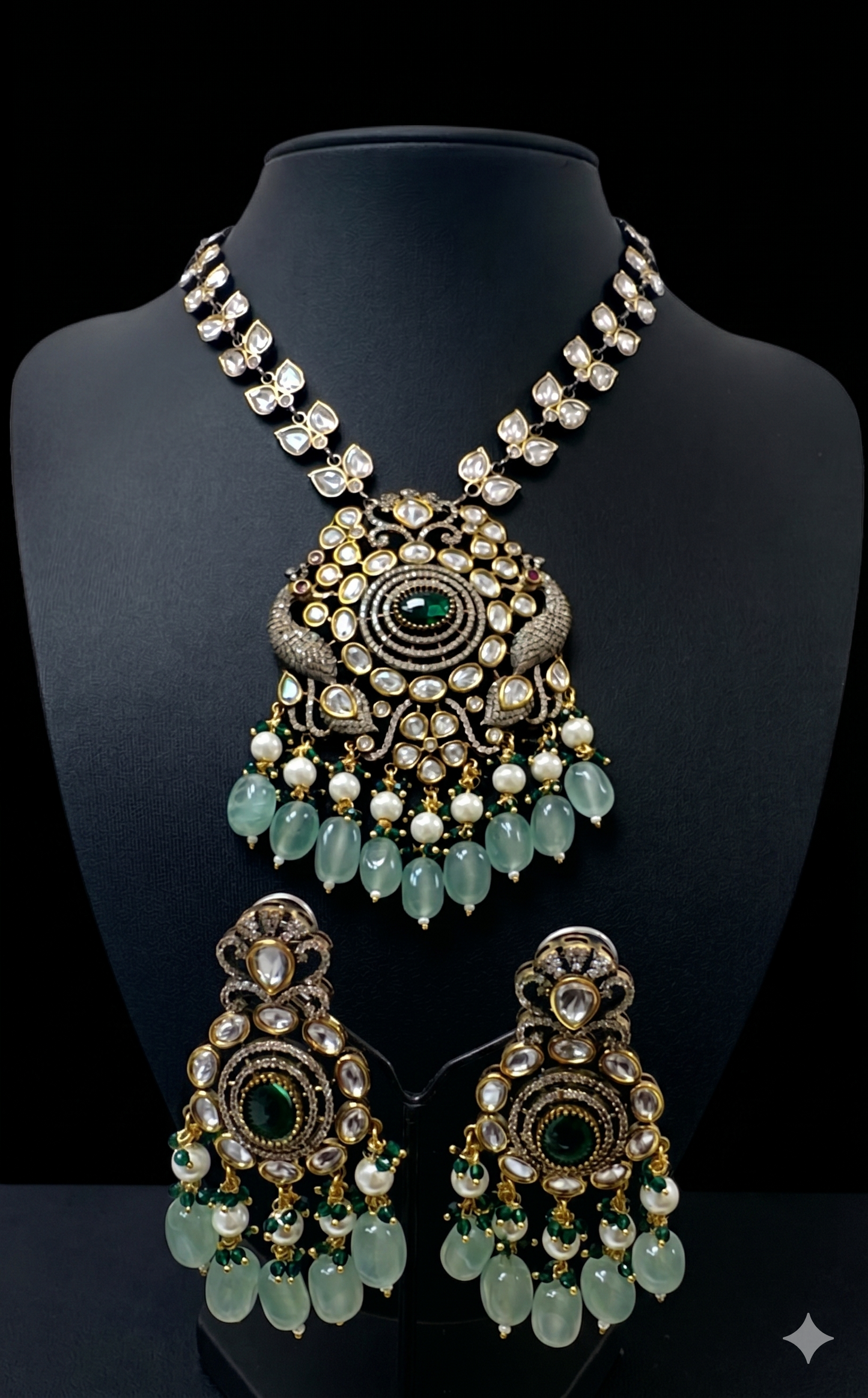 Ornate Peacock-Inspired Polki and Emerald Heritage Set