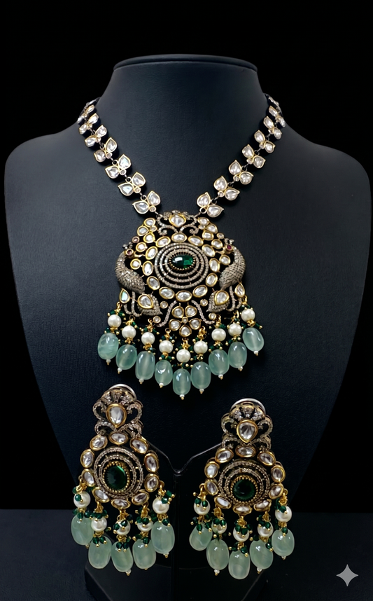Ornate Peacock-Inspired Polki and Emerald Heritage Set