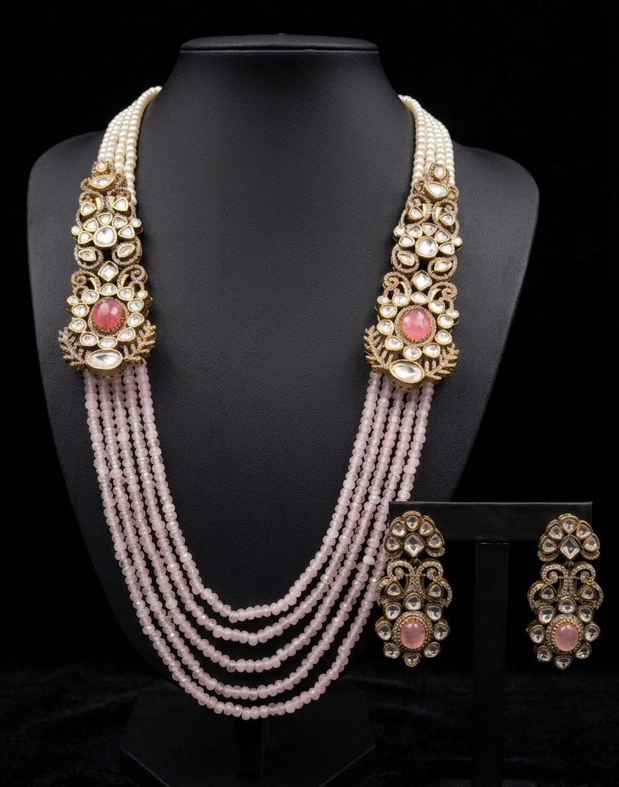 Elegant Rose Quartz and Polki Multi-Strand Heritage Set