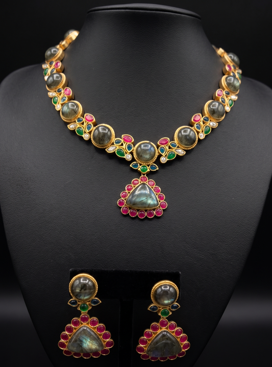 Vibrant Labradorite, Ruby, and Emerald Jewelry Set