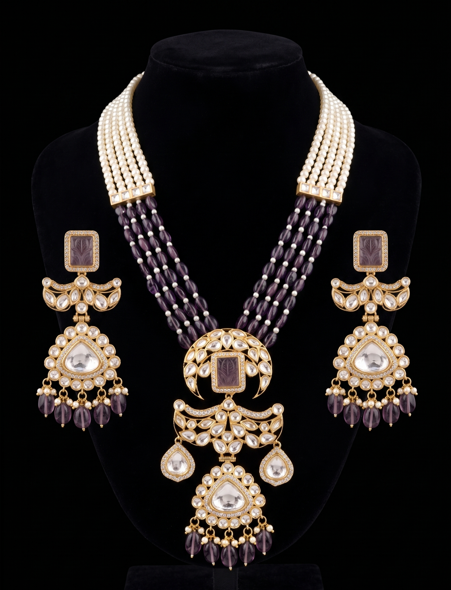 Ornate Amethyst, Pearl, and Polki Jewelry Set