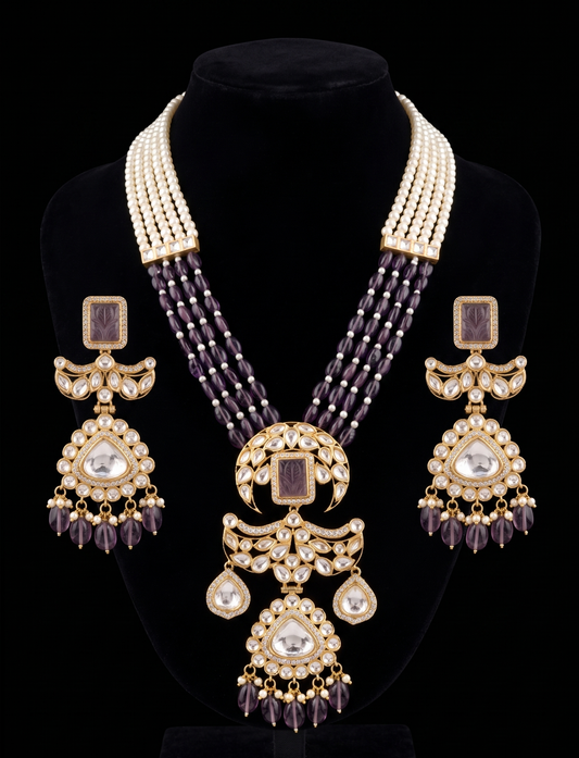 Ornate Amethyst, Pearl, and Polki Jewelry Set