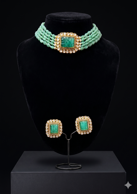 Elegant Carved Mint Green Stone and Bead Choker Set
