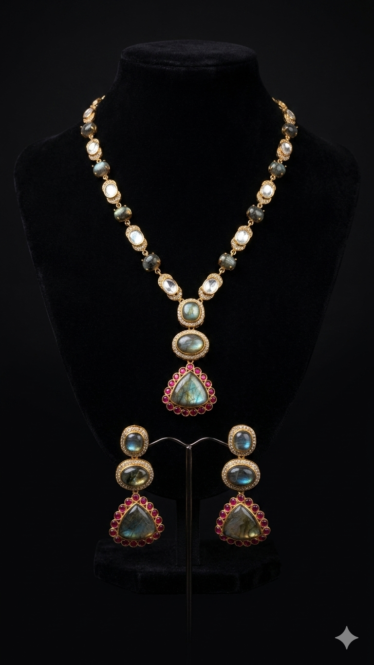 Ethereal Labradorite and Ruby Statement Jewellery Set