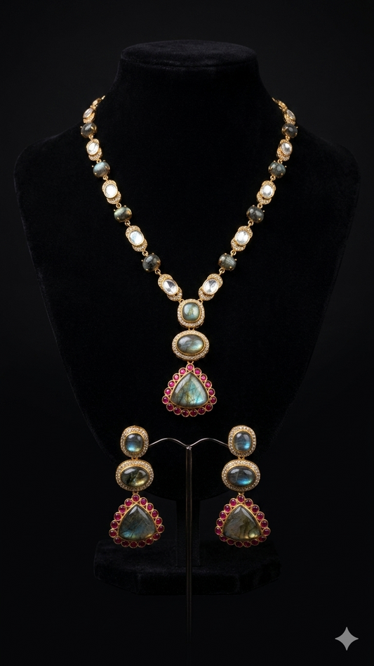 Ethereal Labradorite and Ruby Statement Jewellery Set