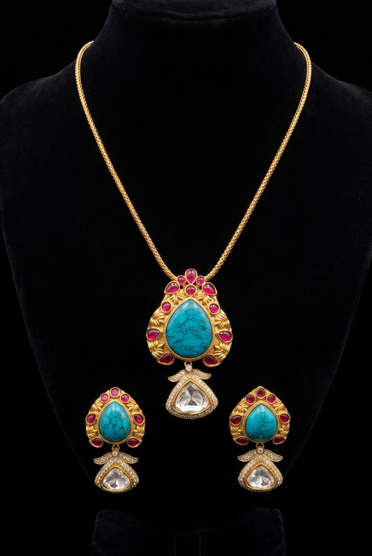 Vibrant Turquoise, Ruby, and Clear Stone Jewelry Set