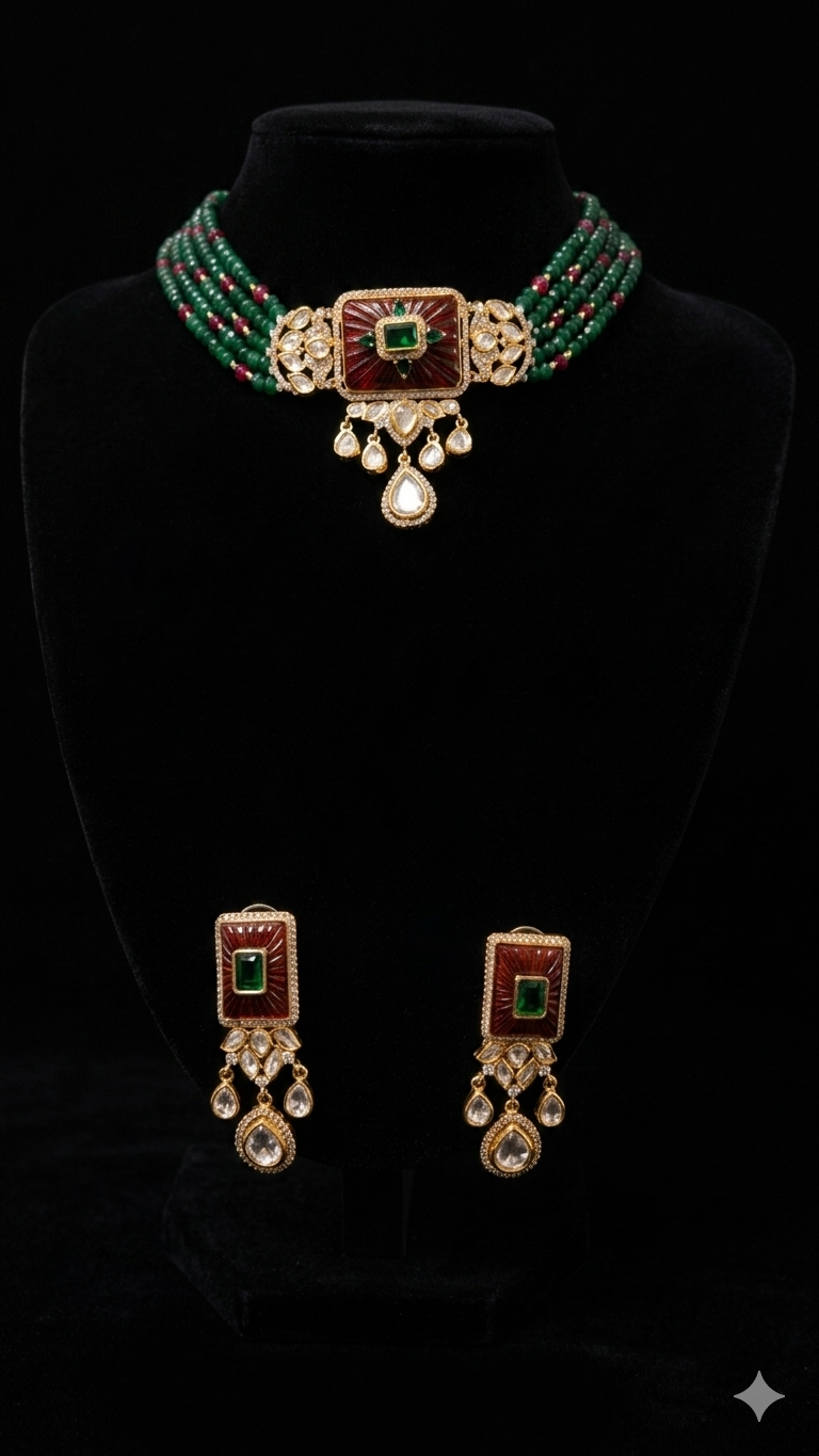Deep Red and Green Gemstone Choker Set
