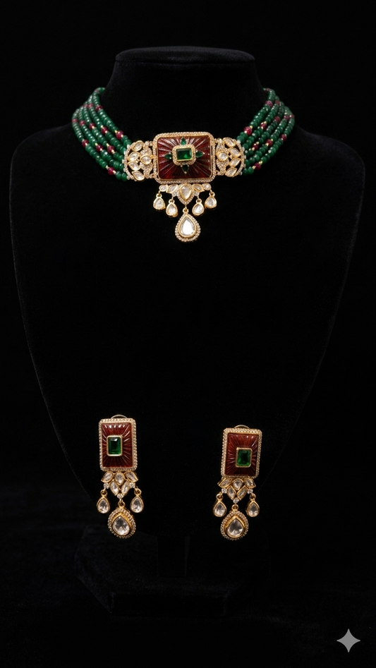 Deep Red and Green Gemstone Choker Set