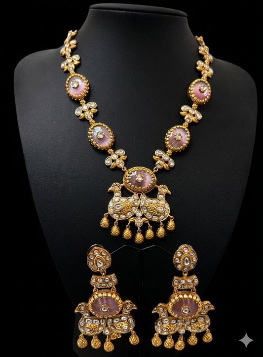 Pink Stone and Polki Peacock Heritage Set