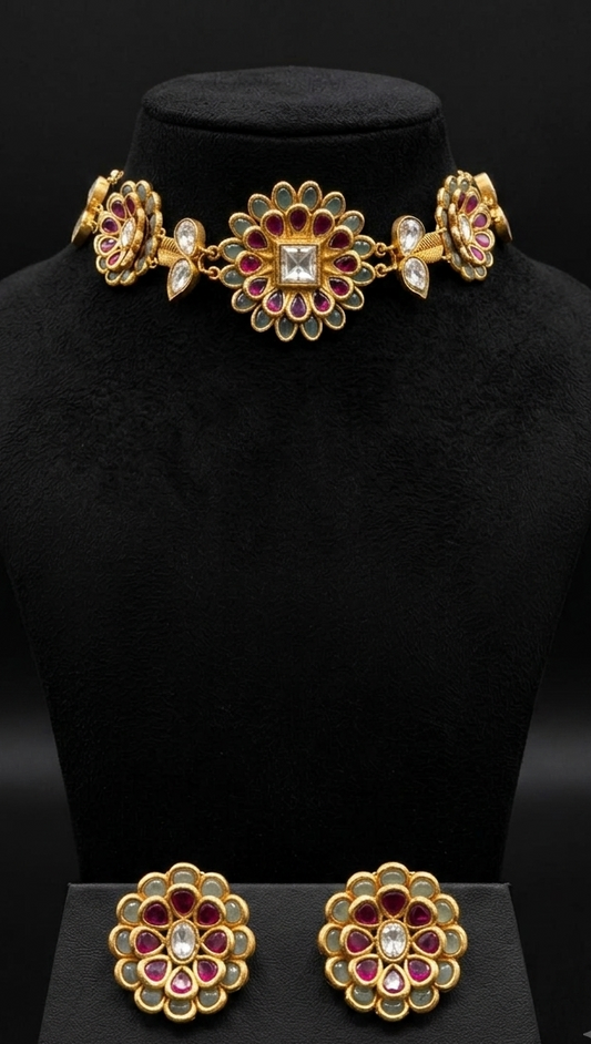 Floral-Inspired Gemstone Choker and Earring Set