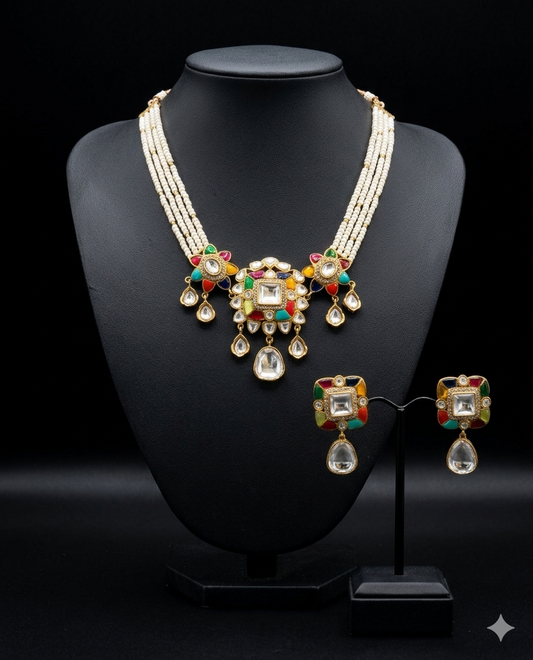 Vibrant Navratna-Inspired Multi-Strand Jewellery Set
