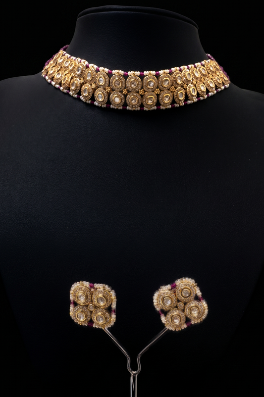 Ornate Stone-Studded Choker and Earring Set