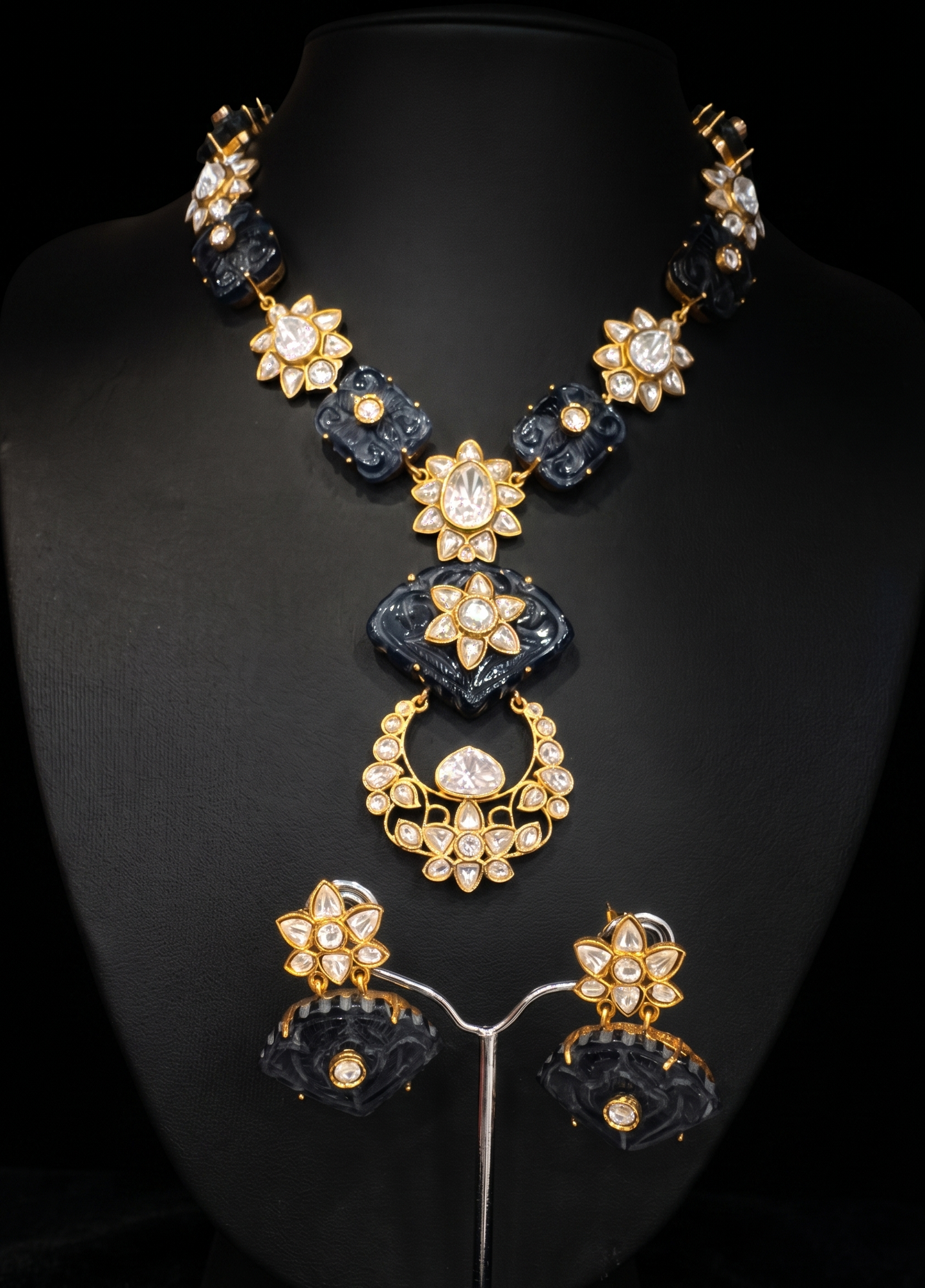 Carved Dark Stone and Floral Jewelry Set