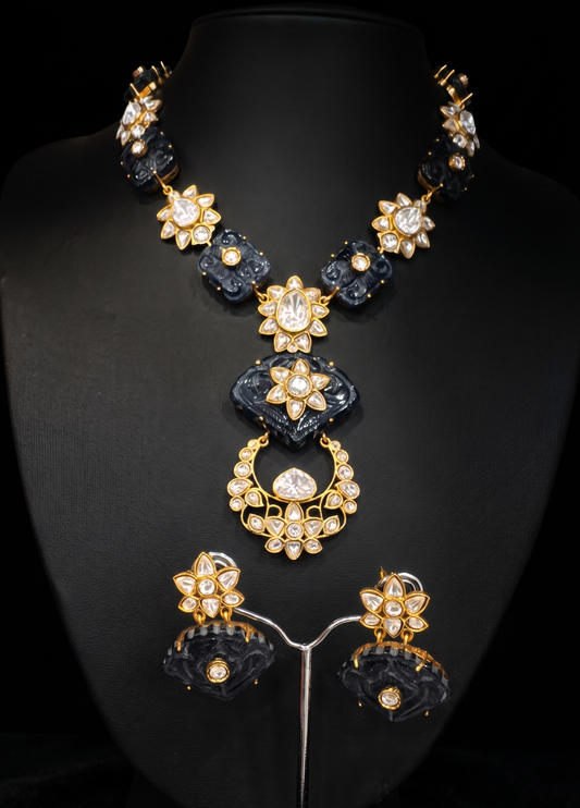 Carved Dark Stone and Floral Jewelry Set