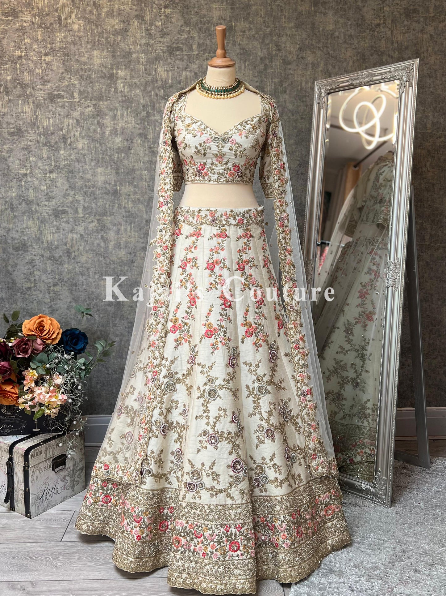 Ivory Floral & Antique Bridal Lehenga -  Couture Collection