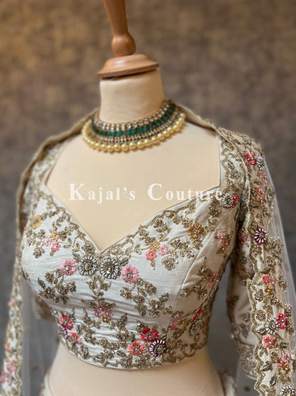 Ivory Floral & Antique Bridal Lehenga -  Couture Collection