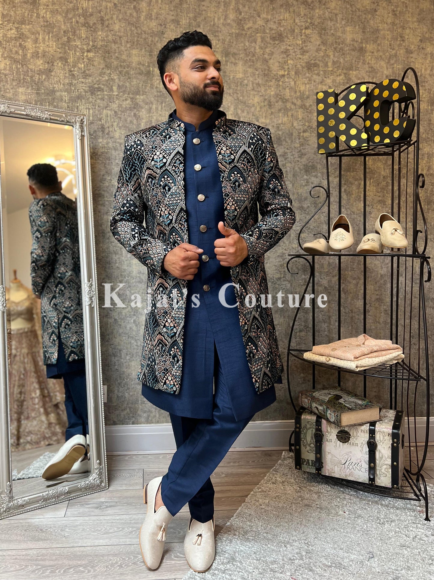 Velvet Embroidered Nawabi Jacket Set