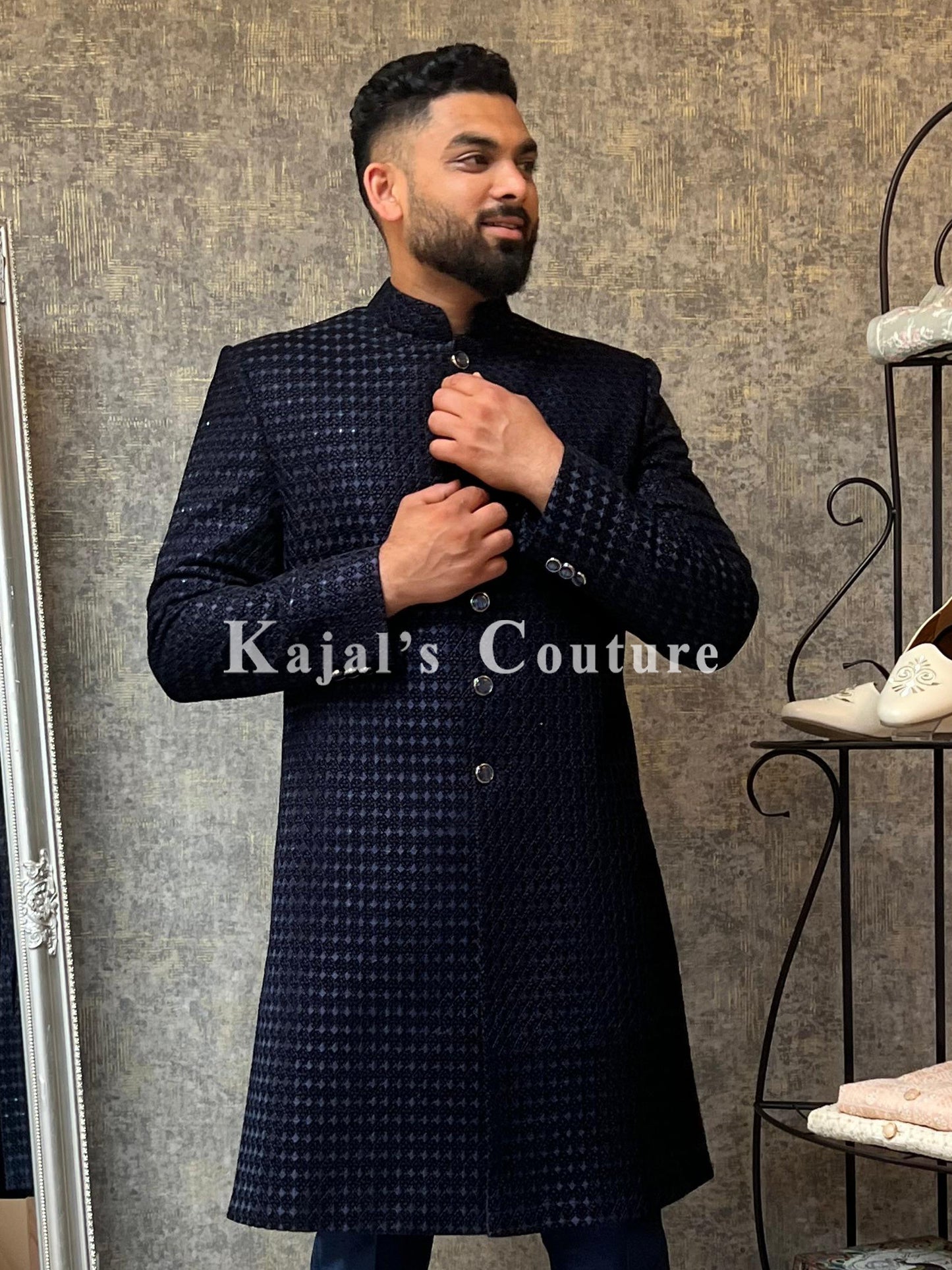 Navy Velvet Sherwani