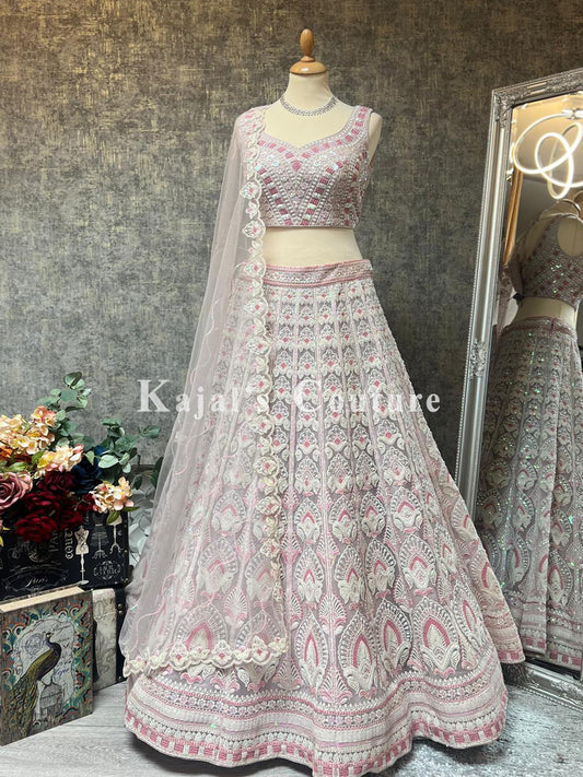 White & Pink Lucknowi Lehenga