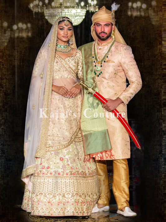 Pink Sherwani with Gold Leaf Embroidery