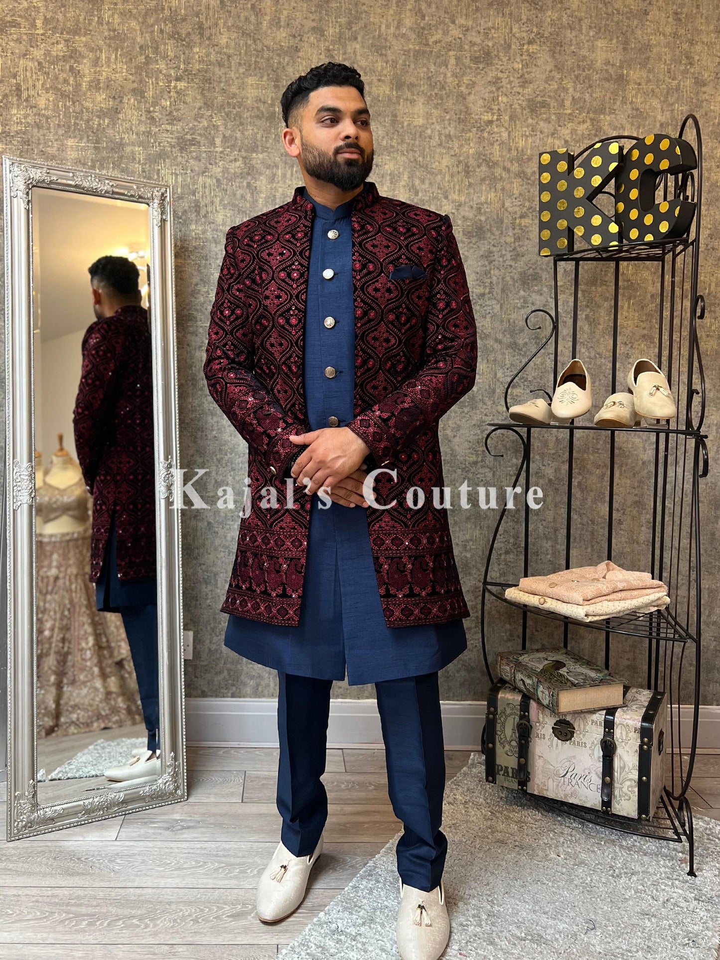 Red & Navy Velvet Embroidered Nawabi Jacket Set