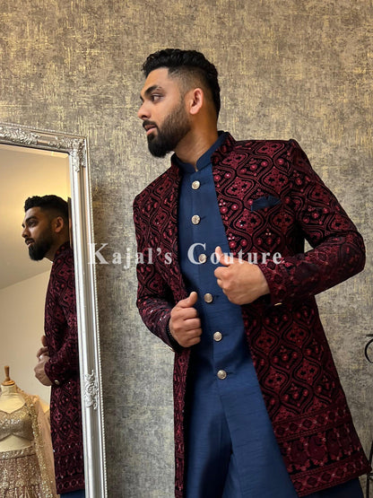 Red & Navy Velvet Embroidered Nawabi Jacket Set