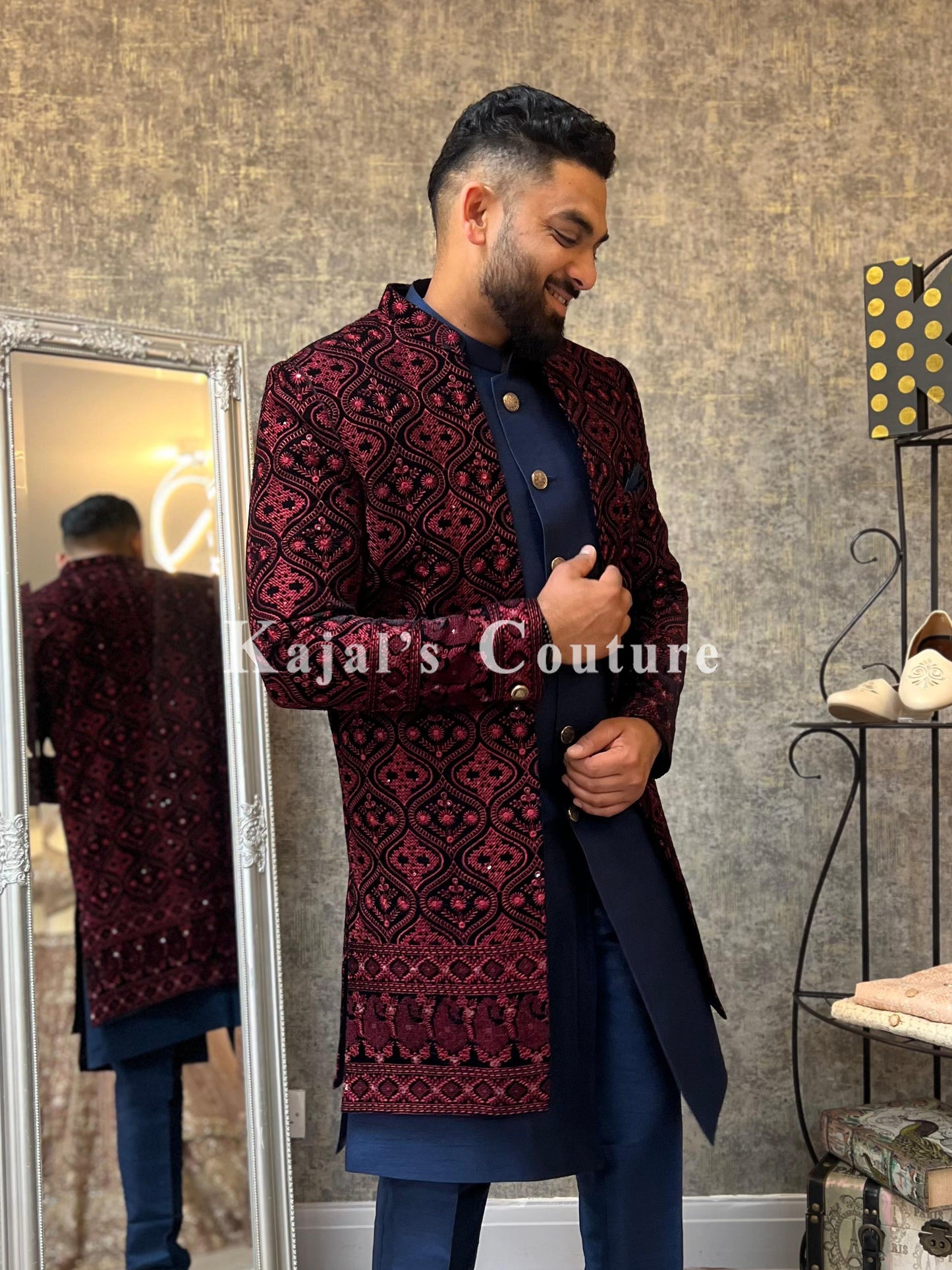 Red & Navy Velvet Embroidered Nawabi Jacket Set