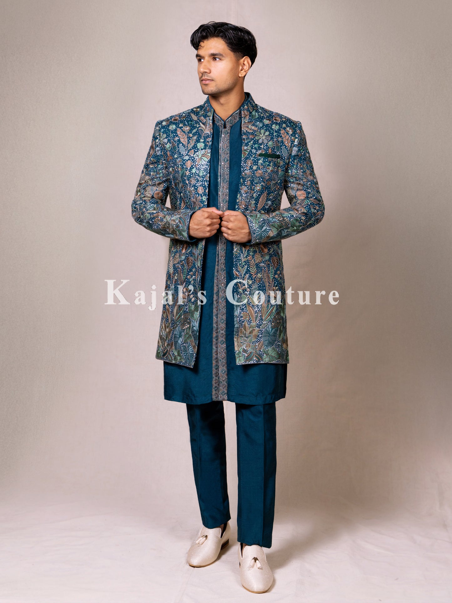 Teal Embroidered Nawabi Jacket Set