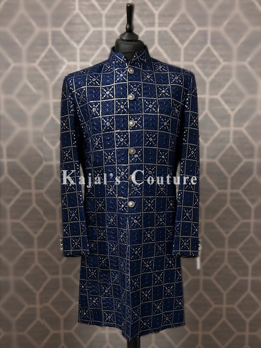 Navy Lucknowi Sherwani with Gold Sequin Work