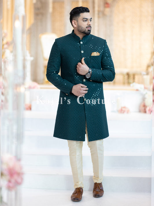 Dark Green Sequin Sherwani