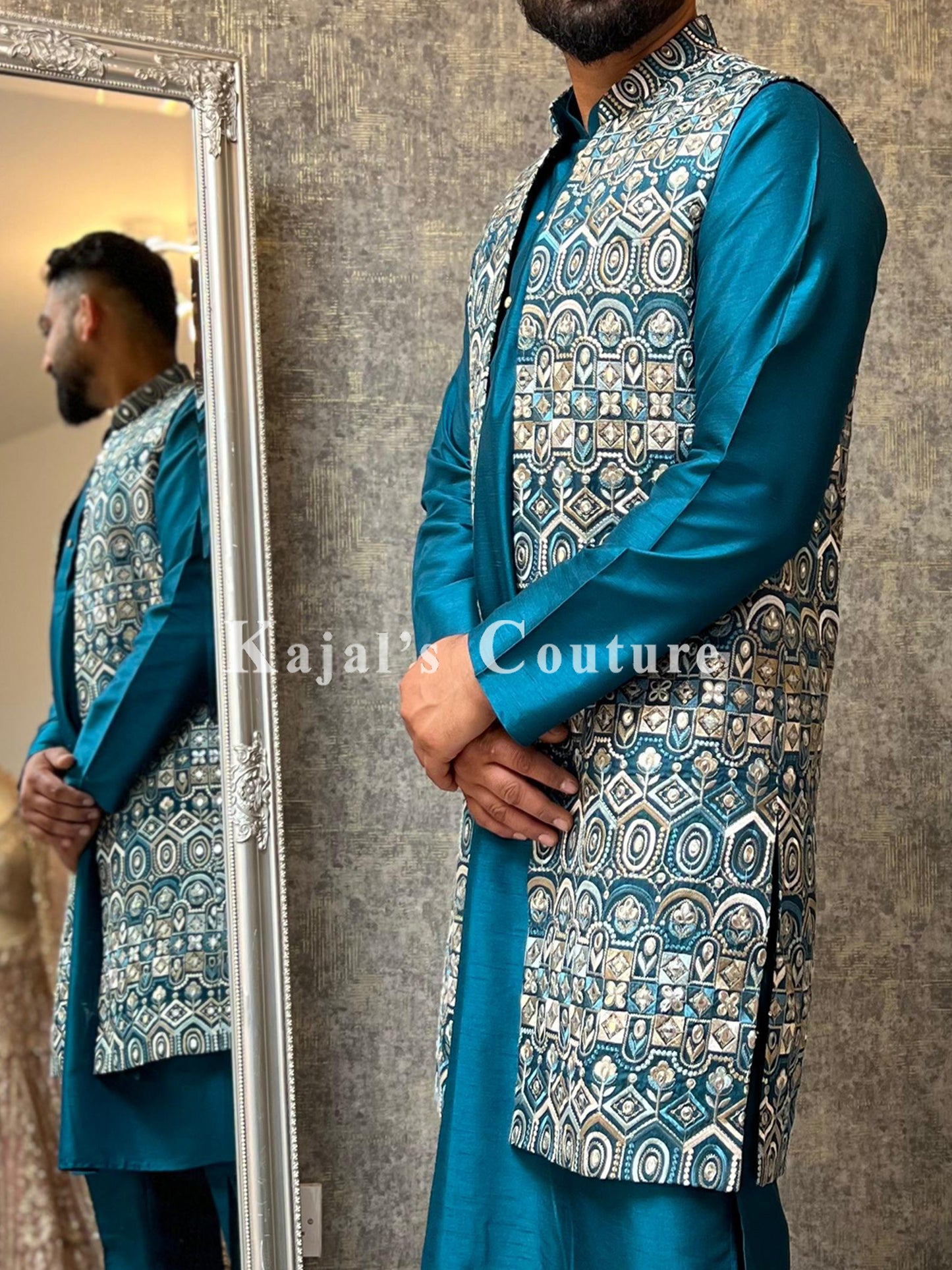 Teal Silk Embroidered Long Waistcoat Set