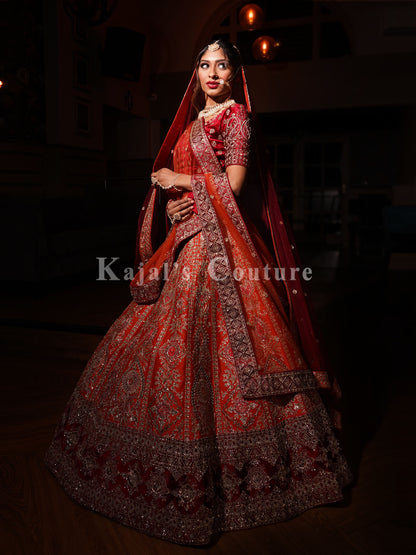 Burnt Orange & Wine Velvet Bridal Lehenga - Couture Collection